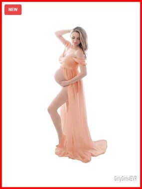 Chiffon Tulle Maternity Photoshoot Dress Off Shoulder Split Front Maxi